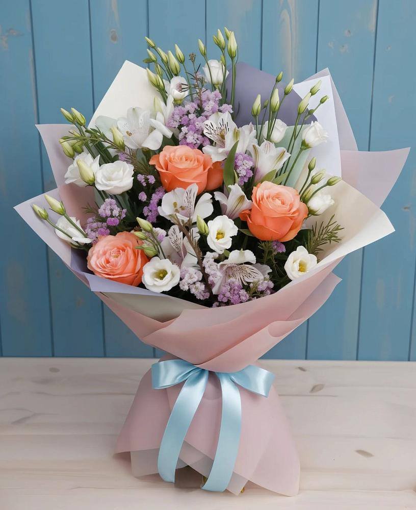 Букет цветов из: Лизиантусы, Розы, Альстромерии и Гипсофила в Тарасовском