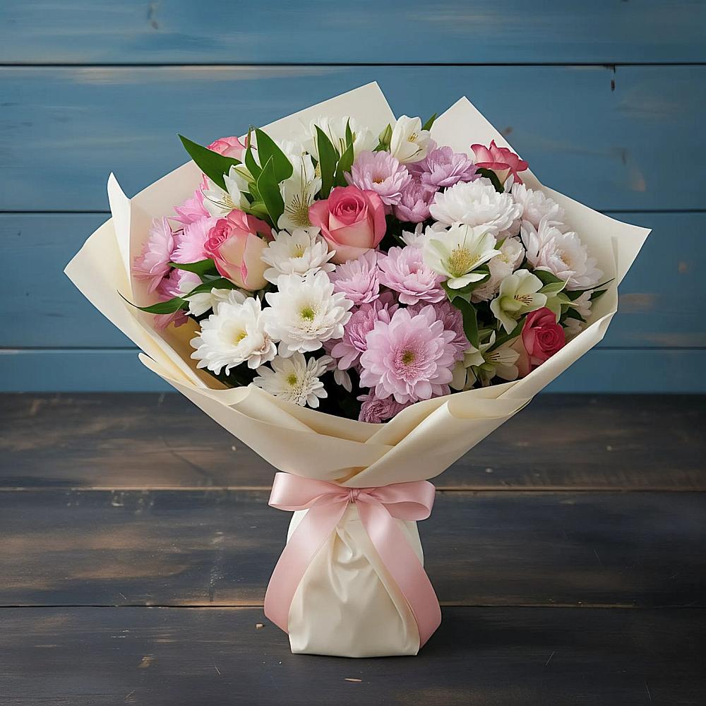 Букет цветов из: Хризантемы, Альстромерии и Розы в Тарасовском